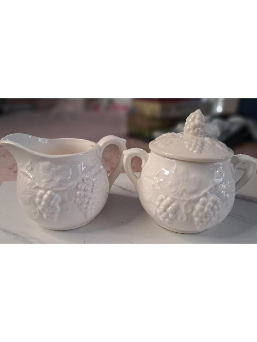 Vintage White Ironstone Creamer and Sugar Bowl Set Embossed Grape Design